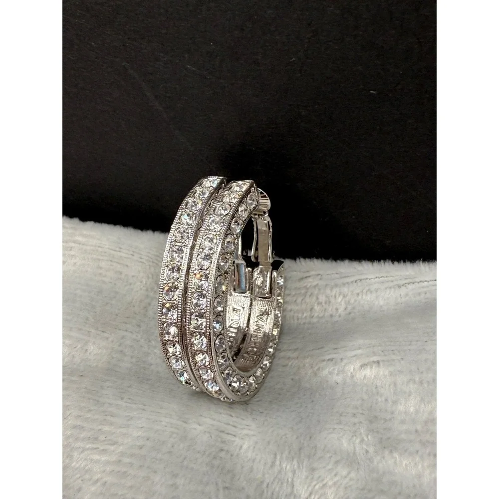 Vintage KJL Earrings Signed‎ Clip Ons Crystal Bling Hoops - Picture 3 of 7